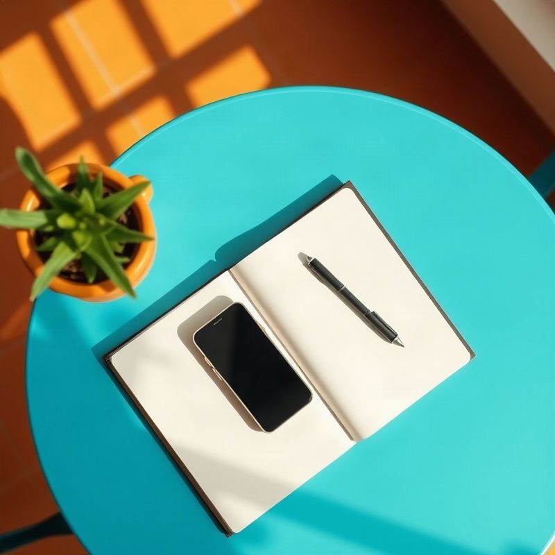 Cuaderno abierto y smartphone sobre una mesa azul