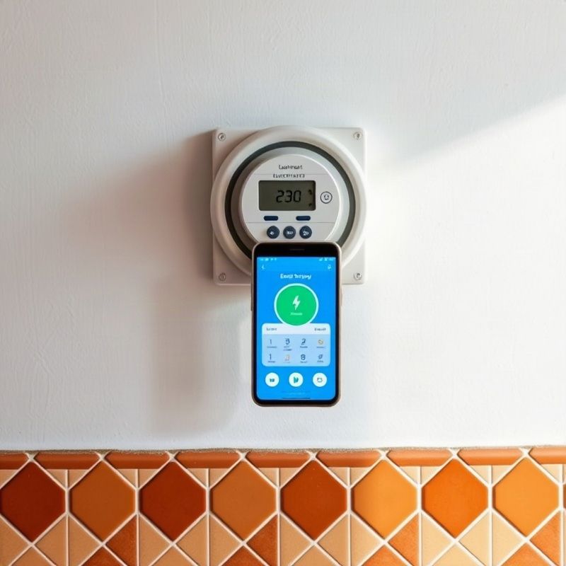 Contador eléctrico doméstico y smartphone mostrando una app de energía