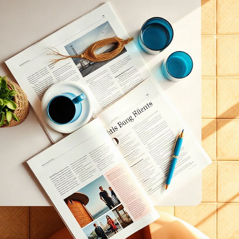 Escritorio ordenado con artículos impresos y una taza de café