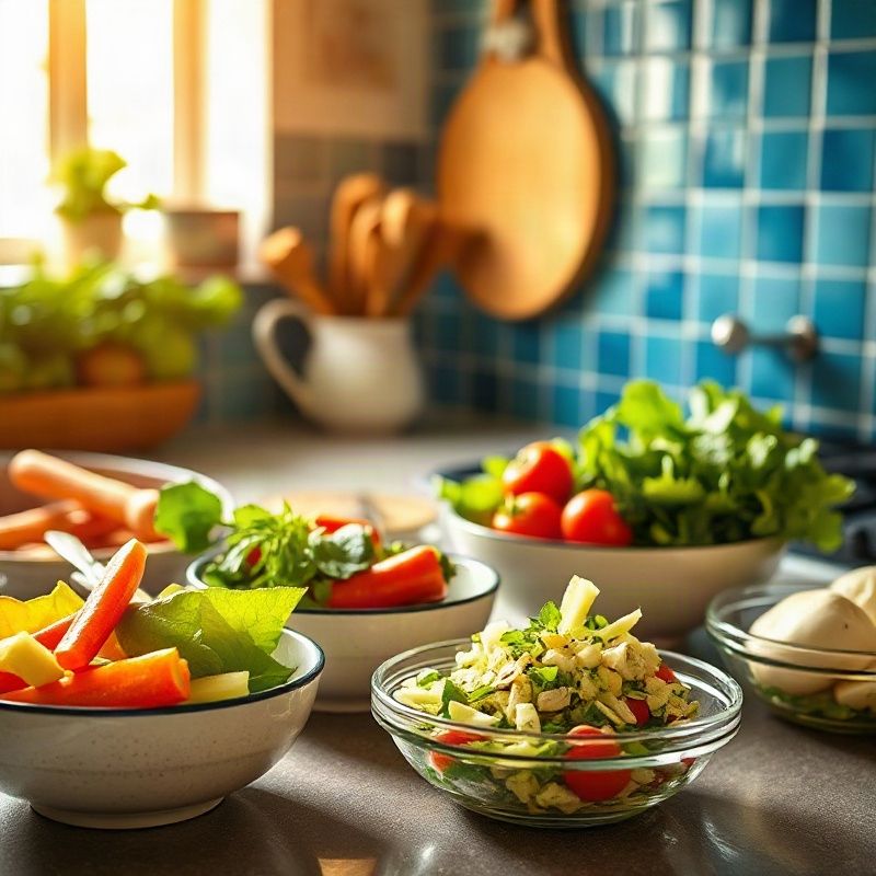 Verduras frescas preparadas en cuencos en una cocina luminosa